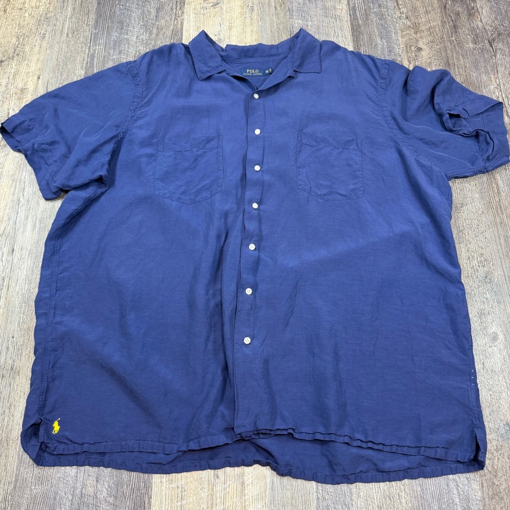 Polo Ralph Lauren Mens 3XLT Navy Blue Linen Silk Short Sleeve Camp Shirt Pony
